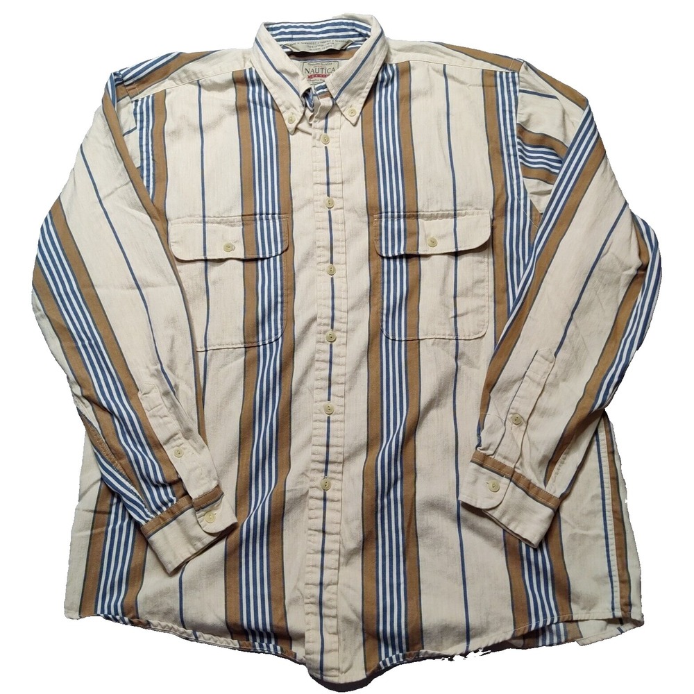 VTG NAUTICA DENIM Men Large Beige Brown Blue Striped Soft Cotton Shirt‎